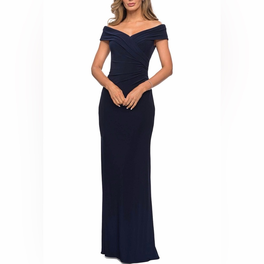 New La femme navy blue off the shoulder jersey dress NYE gown